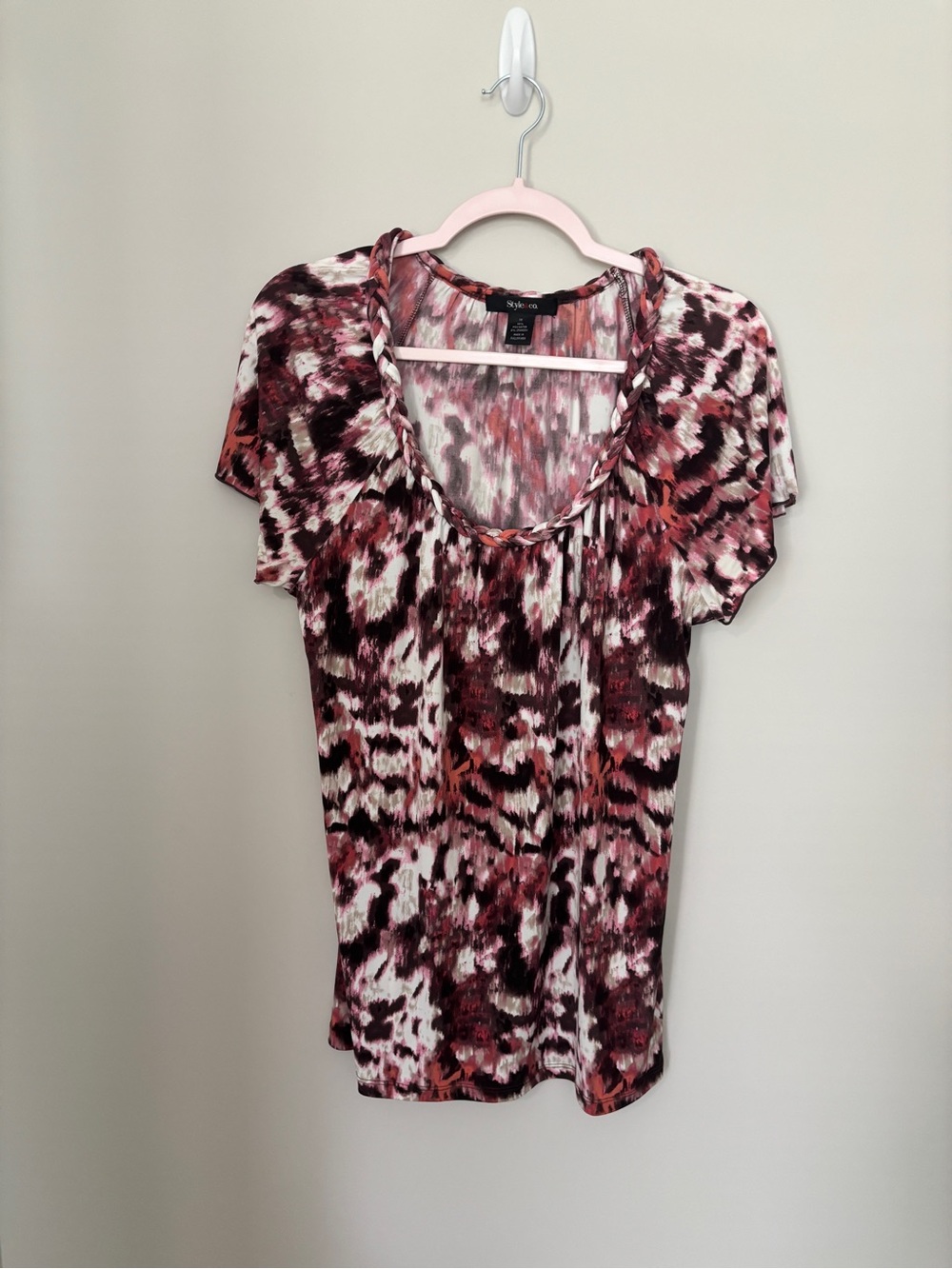 Style & Co. by Macy’s  Sleeve Scoop Neck Top in Burgundy & White Abstract Print